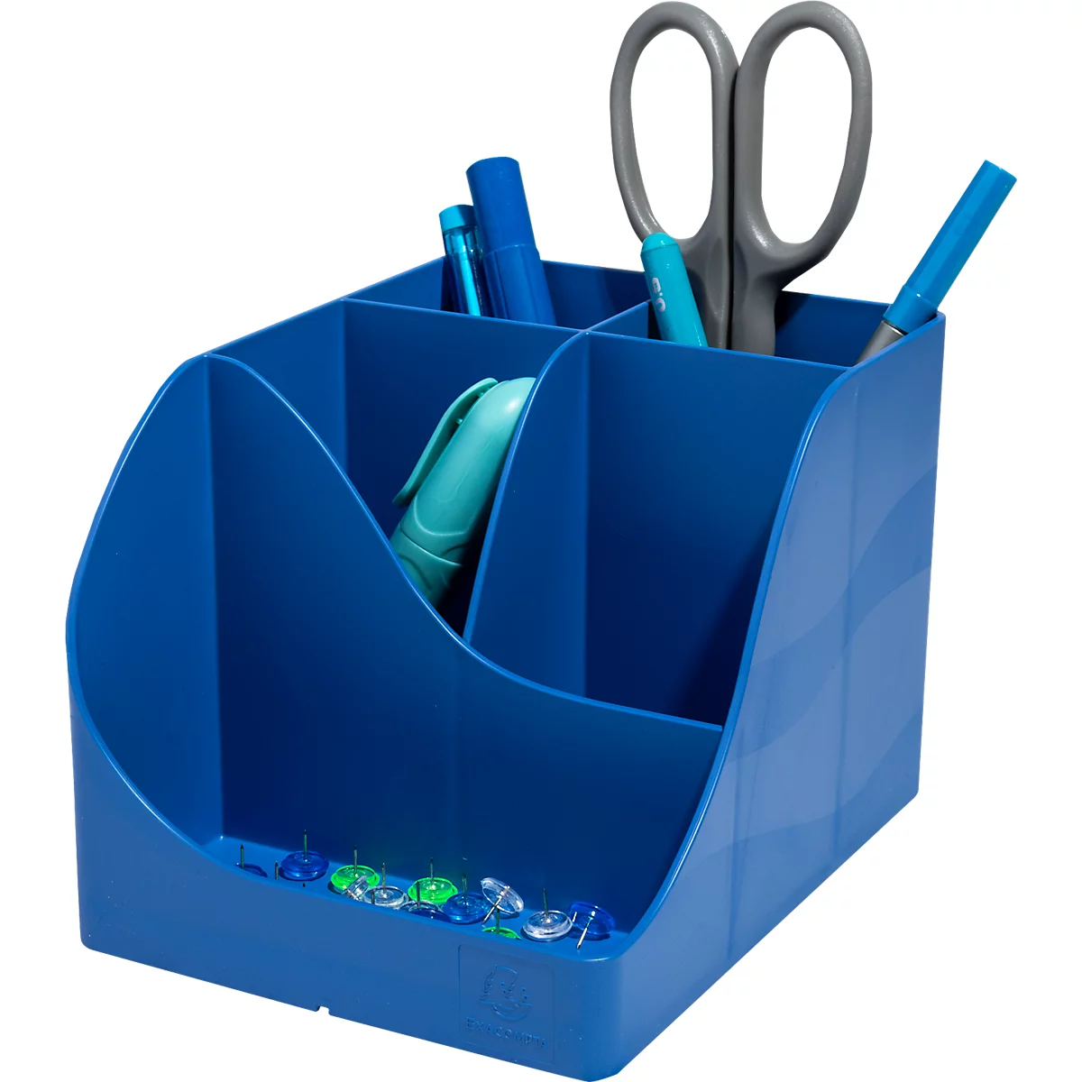 Blauer Stifthalter mit Fächern. Darin befinden sich Stifte, ein Textmarker und eine Schere. Am Boden liegen Büroklammern.