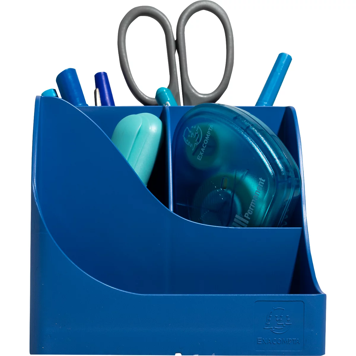 Blauer Stifthalter mit Schere, Stiften und Korrekturroller.