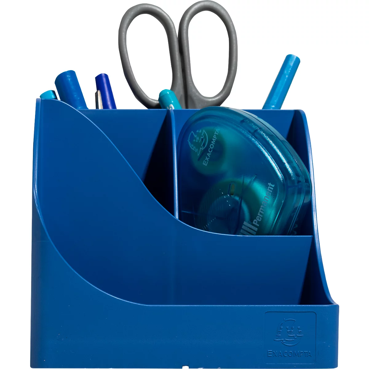 Blauer Stifthalter mit Schere, Stiften und Klebeband. Aufschrift: Permanent.