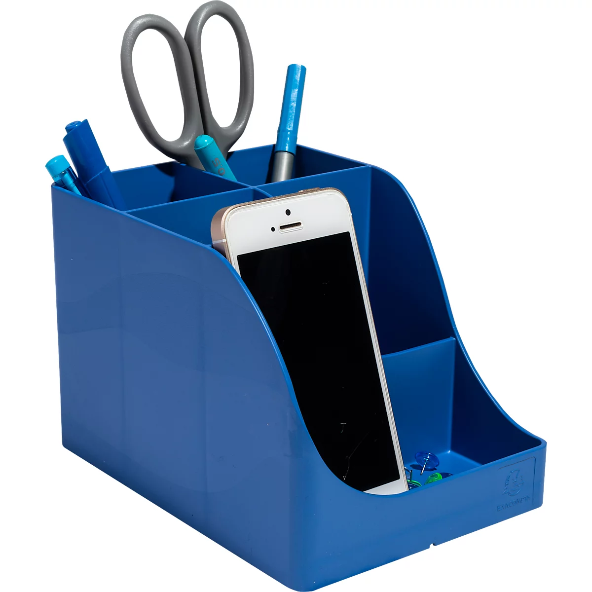 Blauer Schreibtisch-Organizer mit Stiften, Schere und Smartphone.