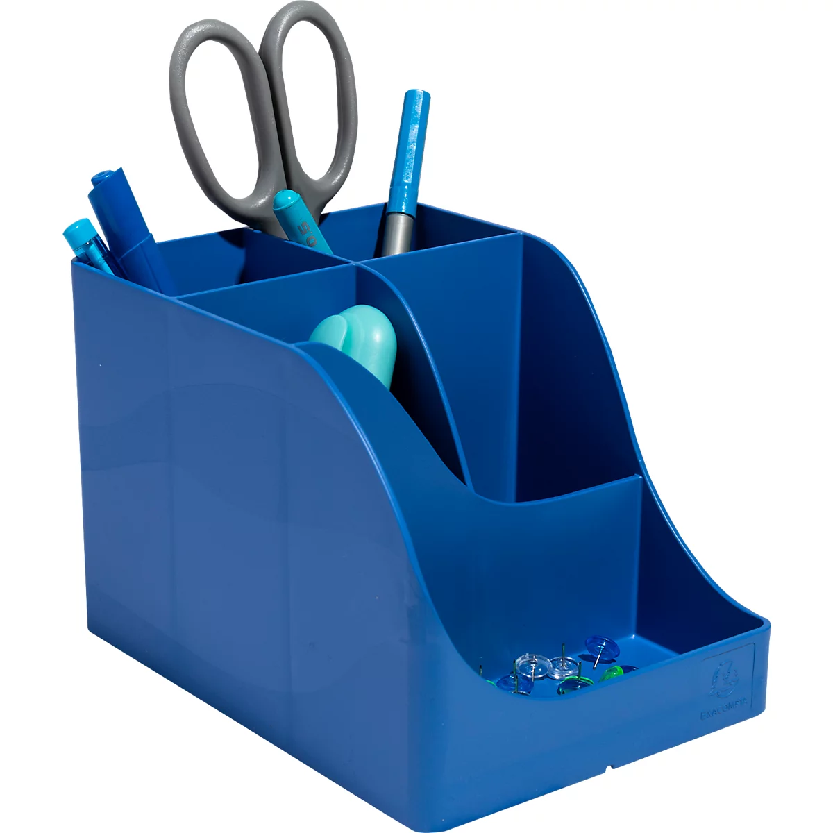 Blauer Schreibtischorganizer mit Schere, Stiften und Büroklammern.