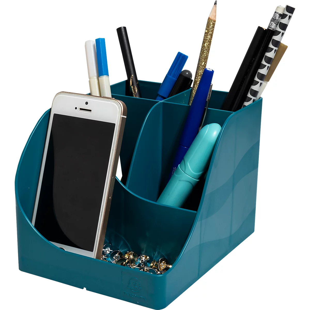 Türkisfarbener Schreibtischorganizer mit Stiften, Bleistiften und Smartphone.