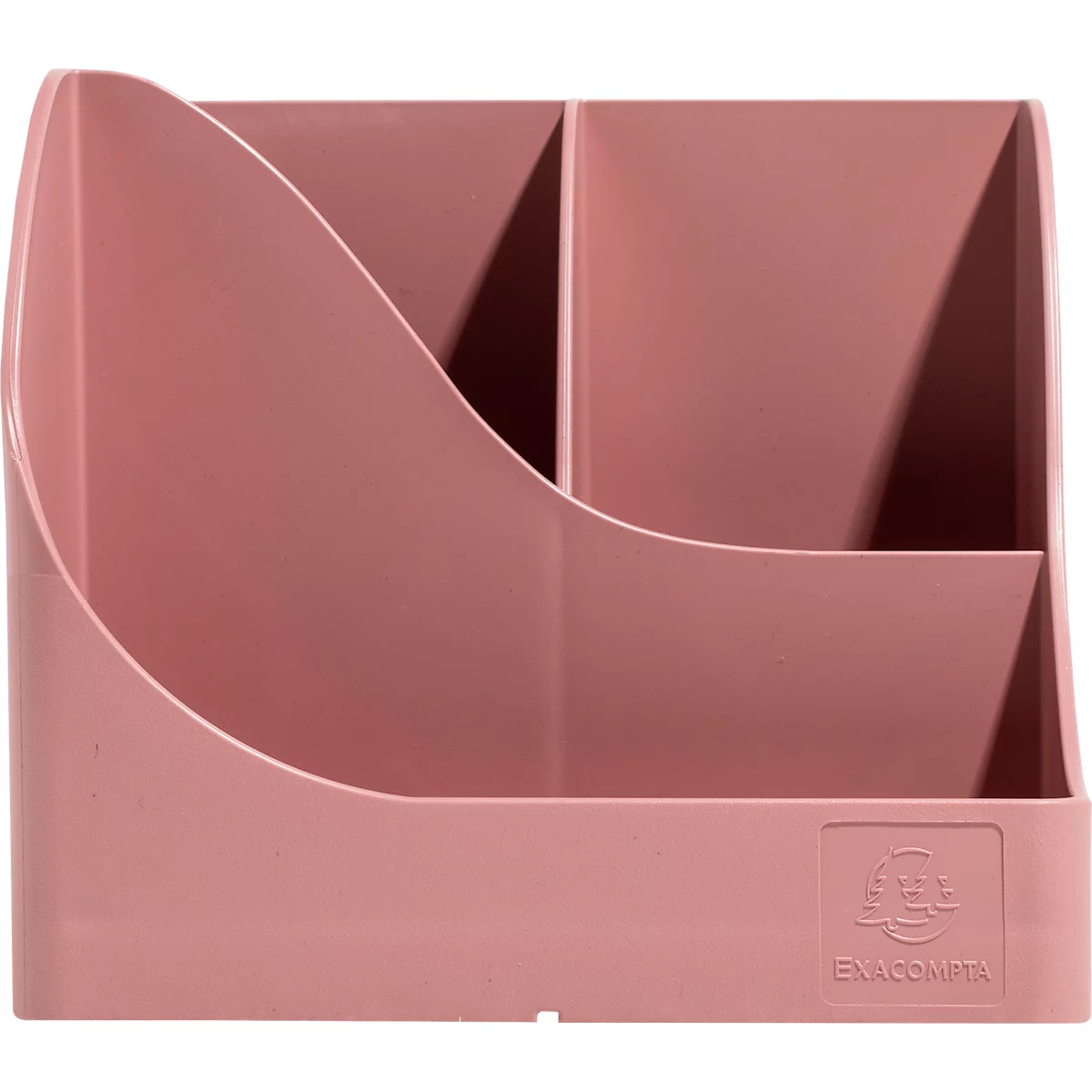 Rosa Stiftehalter mit mehreren Fächern. Am Boden ist "ENACOMPTA" aufgedruckt.