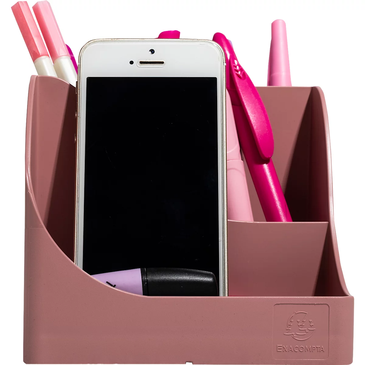 Rosa Stifthalter mit Smartphone, Stiften und Textmarker.
