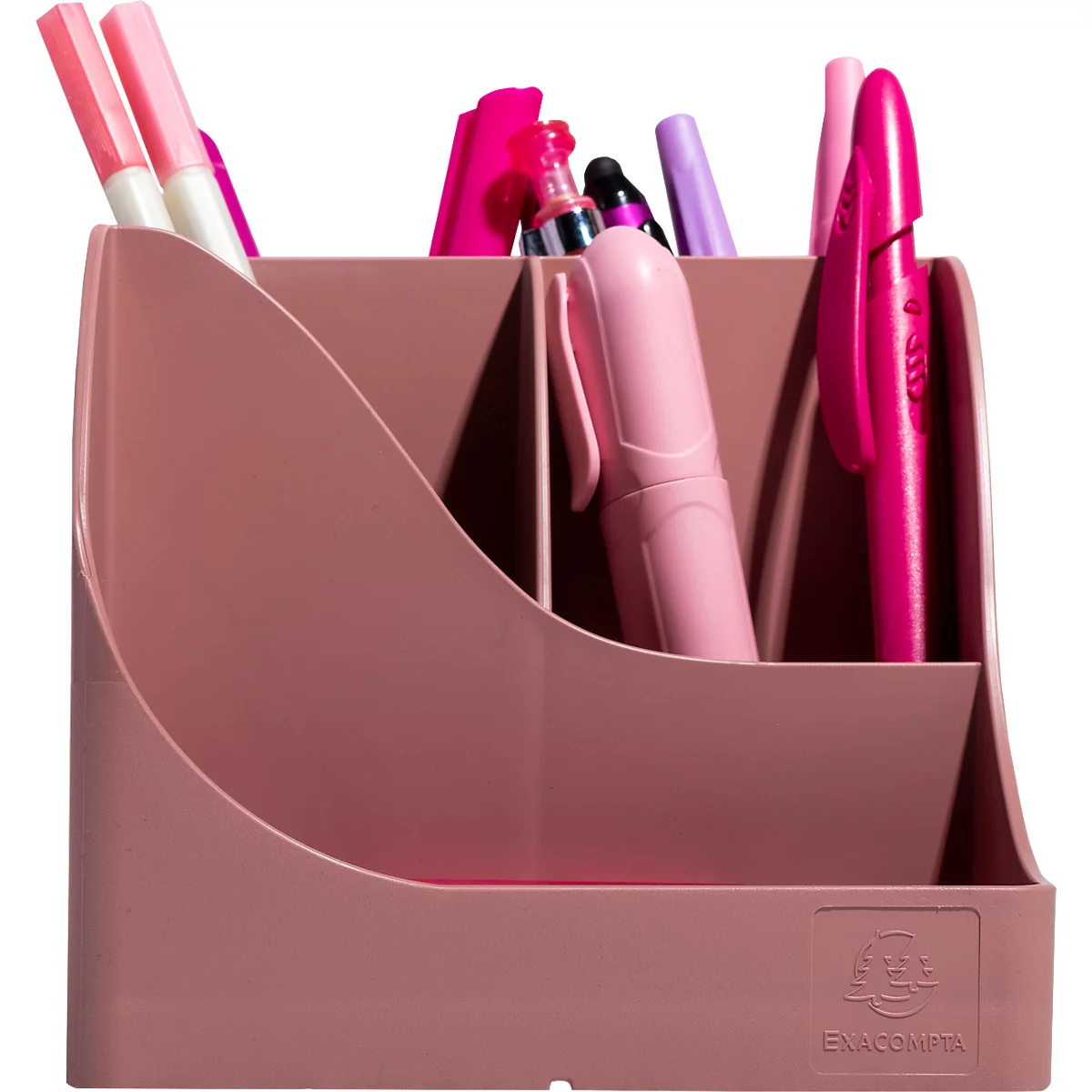 Rosa Stifthalter mit Stiften. Links Stifte mit weissem Schaft, rechts ein pinkfarbener Stift. Ein Stift liegt in der Mitte.