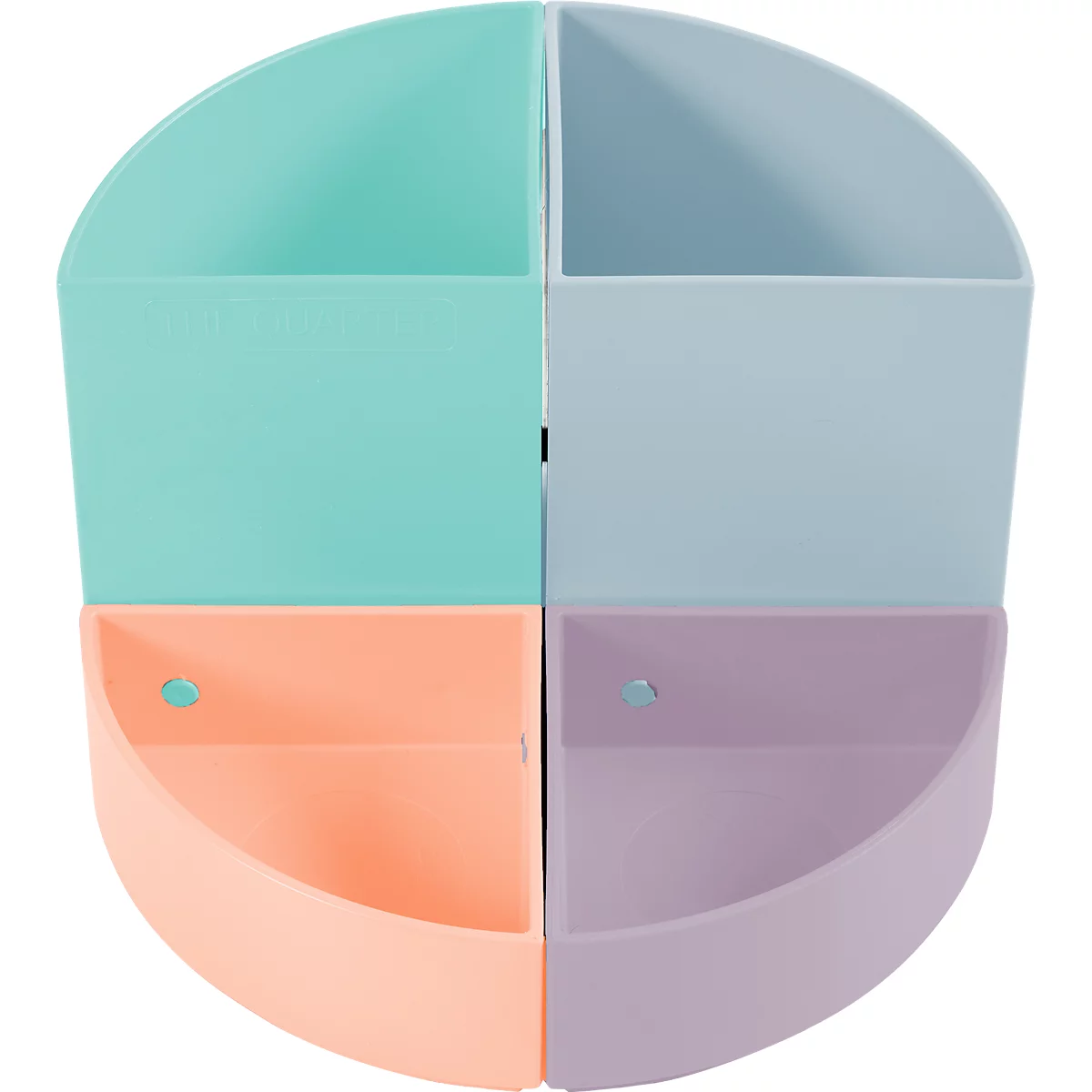 Vierteiliger, halbkreisförmiger Organizer in Pastellfarben, mit Öffnungen.
