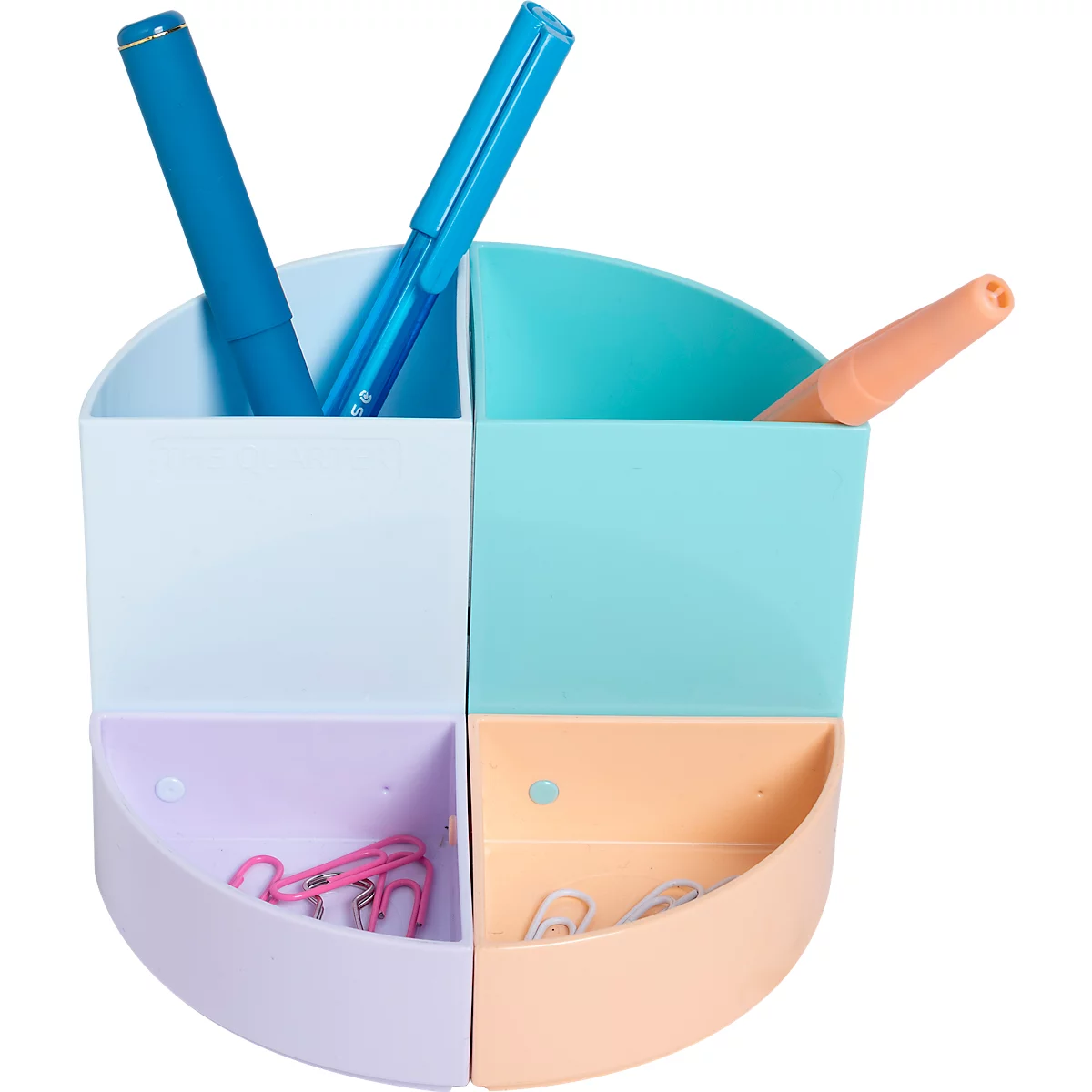 Buntes, halbrundes Stifte- und Büroklammern-Set. Es enthält Stifte, Büroklammern und ist in Pastellfarben aufgeteilt.