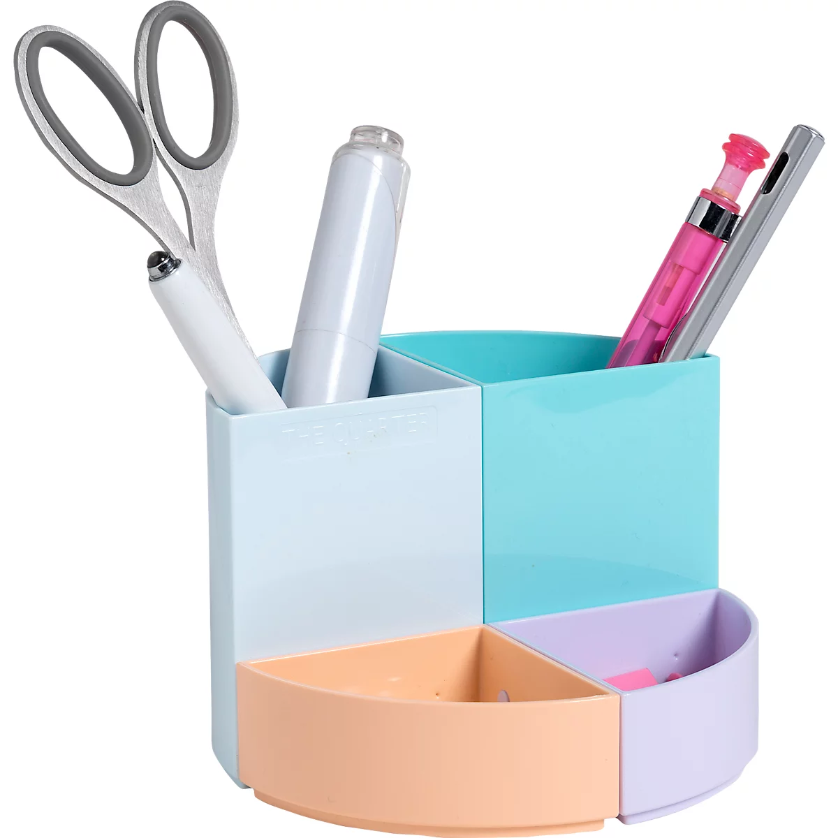 Bunter Stifthalter mit Schere, Stiften und Stiften. Der Halter hat vier Fächer in Pastellfarben.