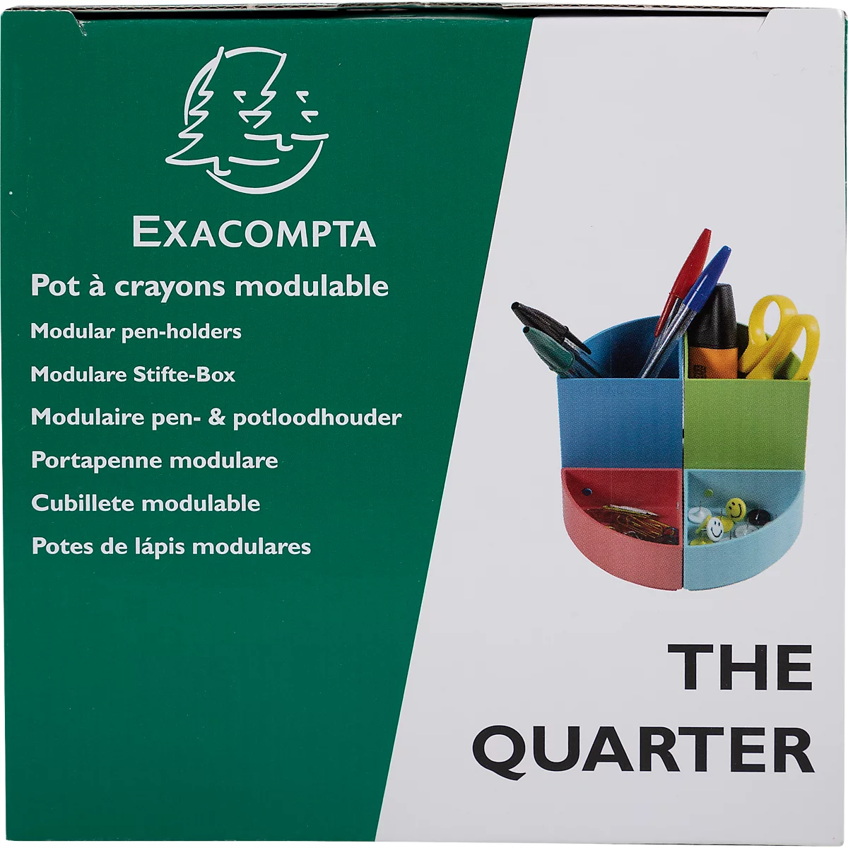 Modulares Stiftehalter mit Stiften, Schere und Text. Verschiedene Sprachen.