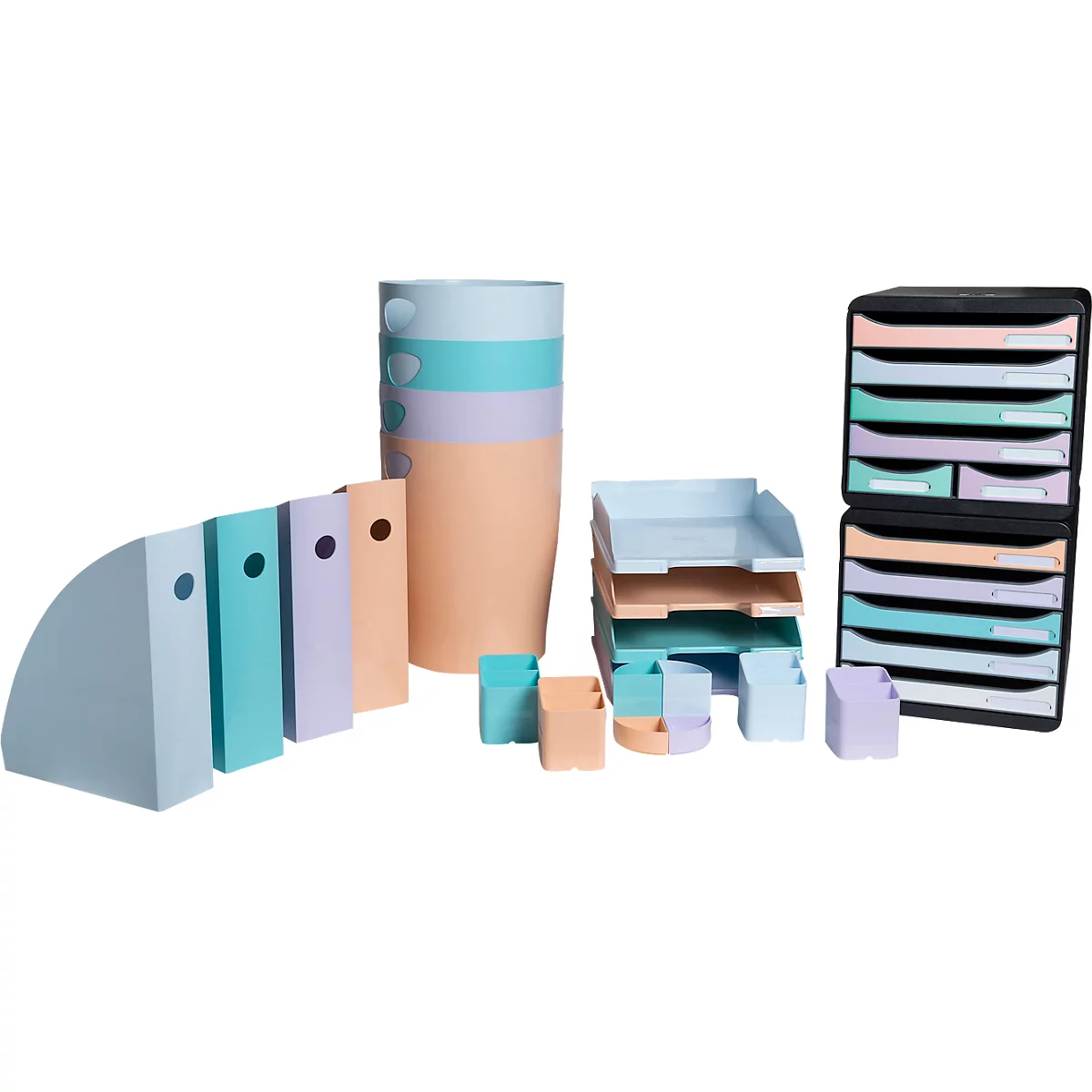 Büroaccessoires in Pastellfarben: Ordner, Stifthalter, Ablagen und Schubladensystem.