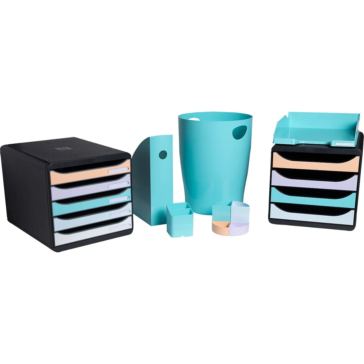 Büro-Organizer-Set: schwarze und türkisfarbene Ablagen, Papierkorb und Stifthalter.