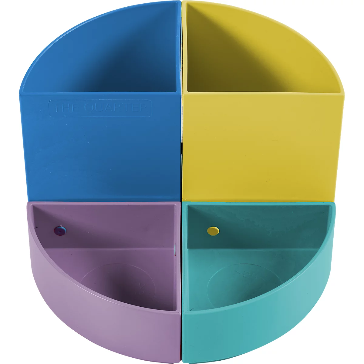 Vierteiliger, bunter Schreibtisch-Organizer. Jede Ecke in einer anderen Farbe, von Blau bis Türkis. Leere Innenfächer.