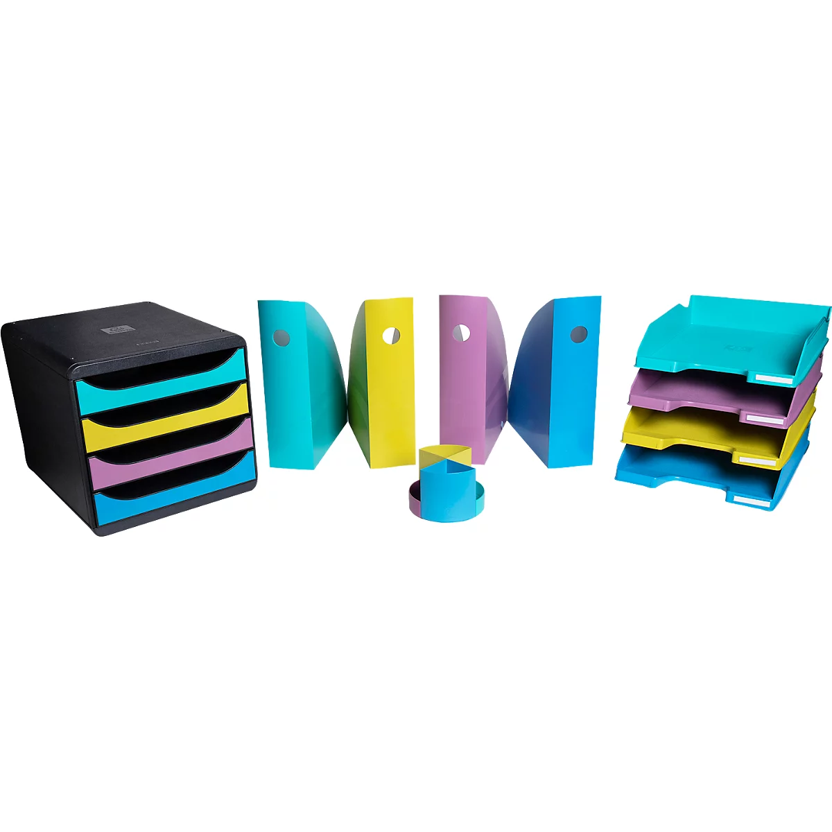 Büro-Utensilien: Schreibtisch-Organizer, Zeitschriftenhalter und Ablageschalen in bunten Farben.