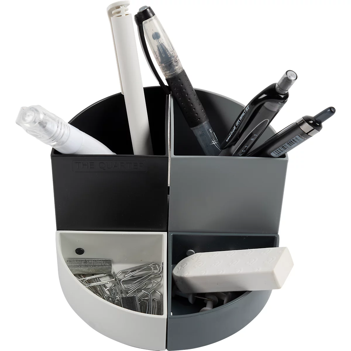 Schreibtisch-Organizer mit Stiften, Radiergummi und Büroklammern. Schwarz, Grau und Weiss.