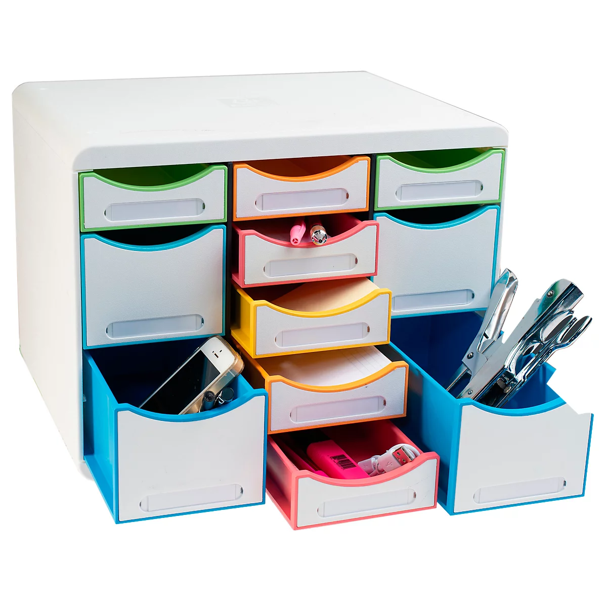 Organisateur de bureau coloré avec tiroirs et contenu.