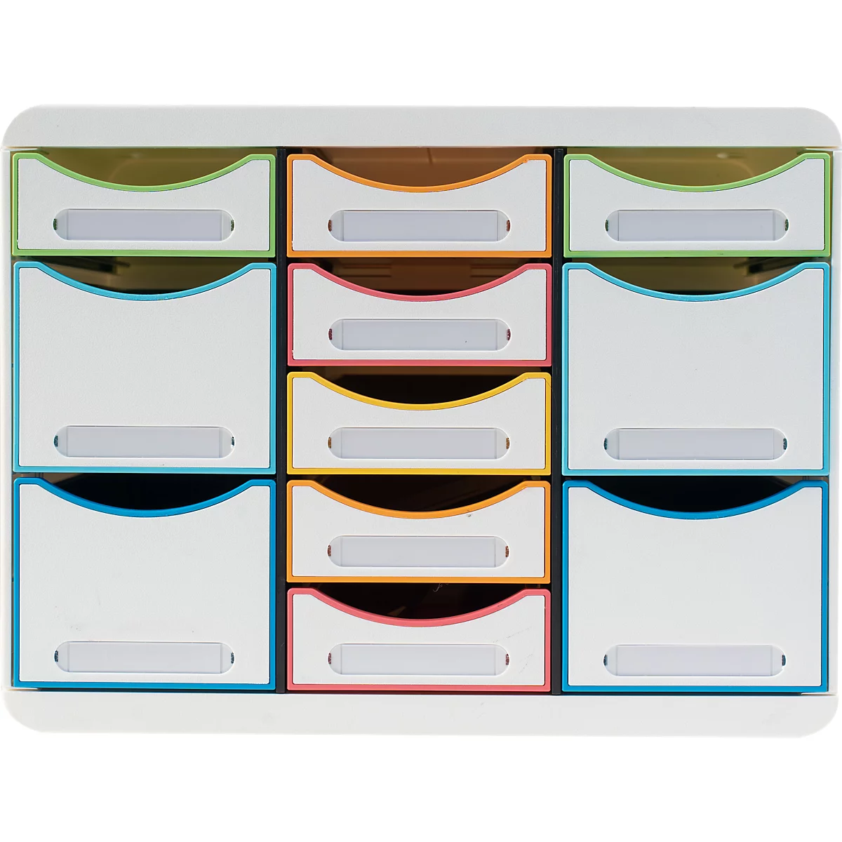 Bunte Schubladenbox mit farbigen Rändern. Jede Schublade hat ein beschriftbares Feld.