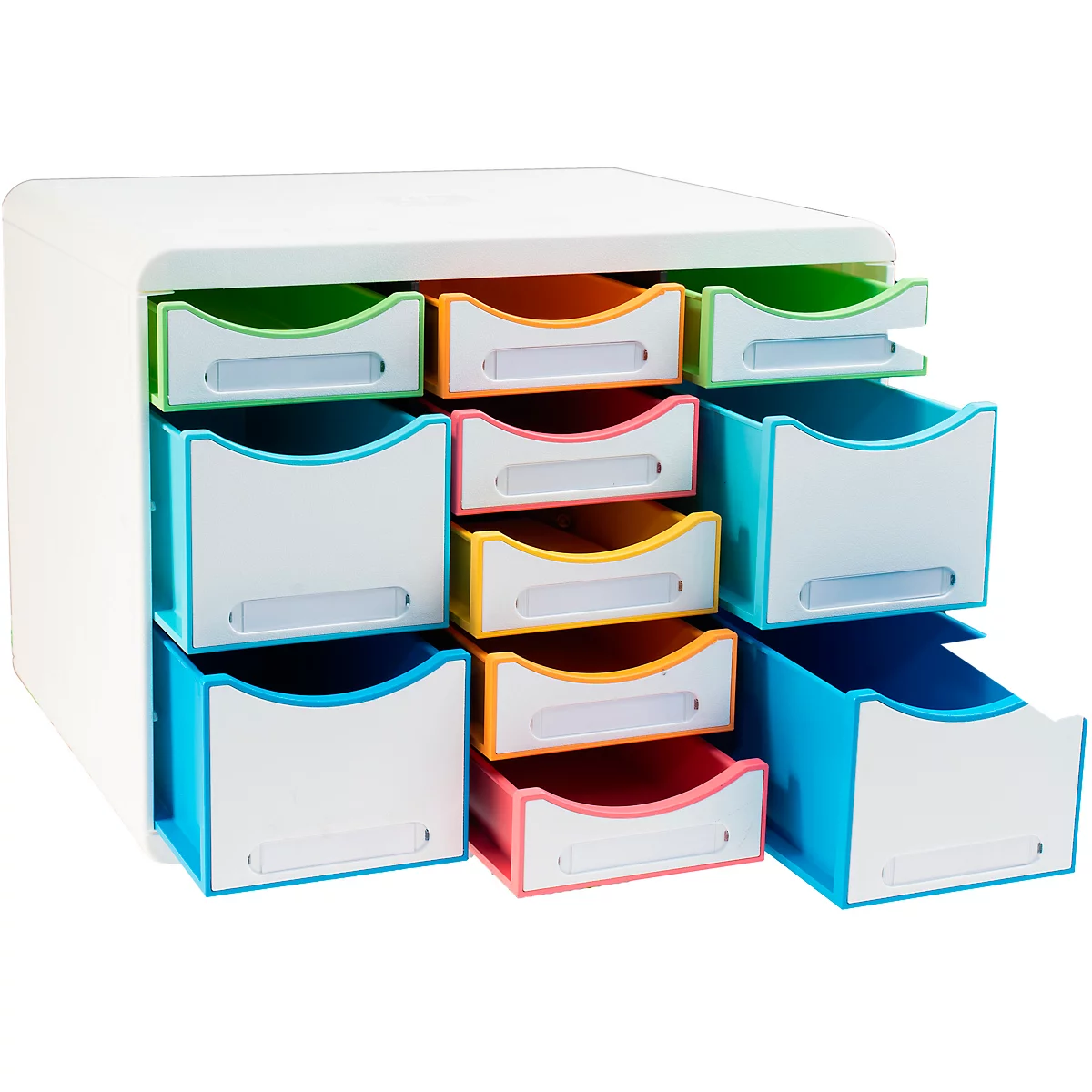 Weißes Schubladensystem mit neun bunten Schubladen. Eine Schublade ist geöffnet.