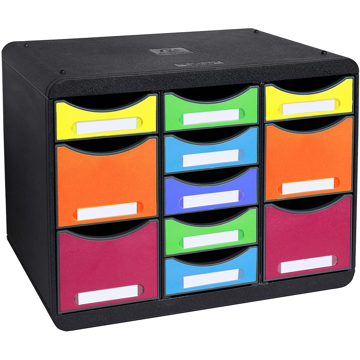 Zwarte kast met 9 lades in verschillende kleuren, met witte naamlabels.