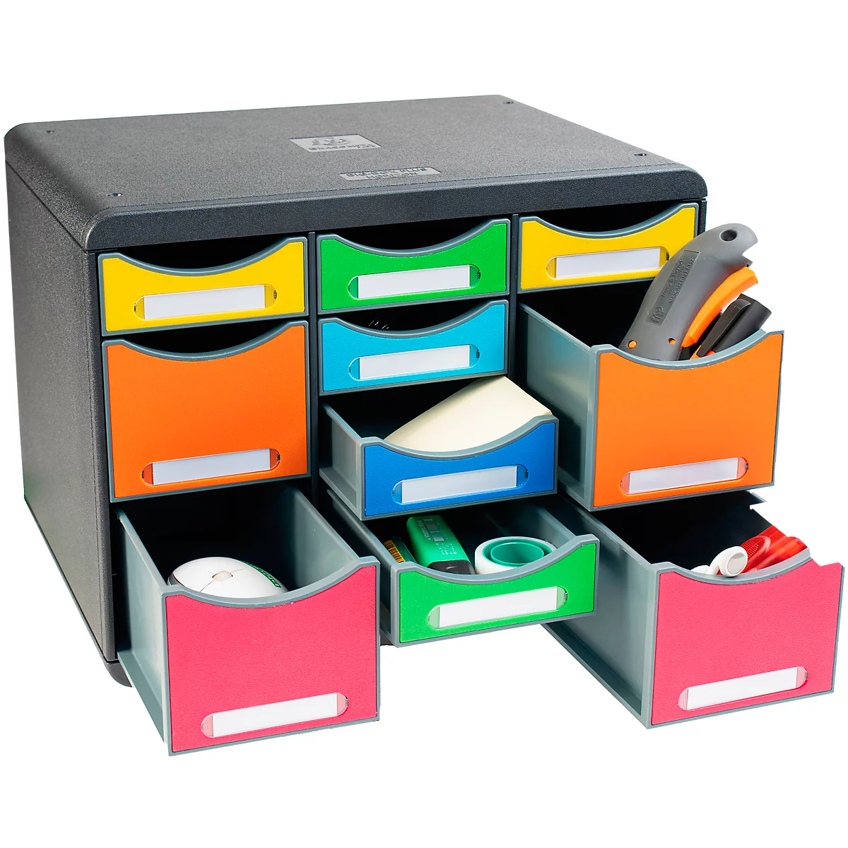 Büro-Organizer mit farbigen Schubladen, einige geöffnet, gefüllt mit Bürobedarf. Graues Gehäuse, bunte Schubladen. Oben Logo.