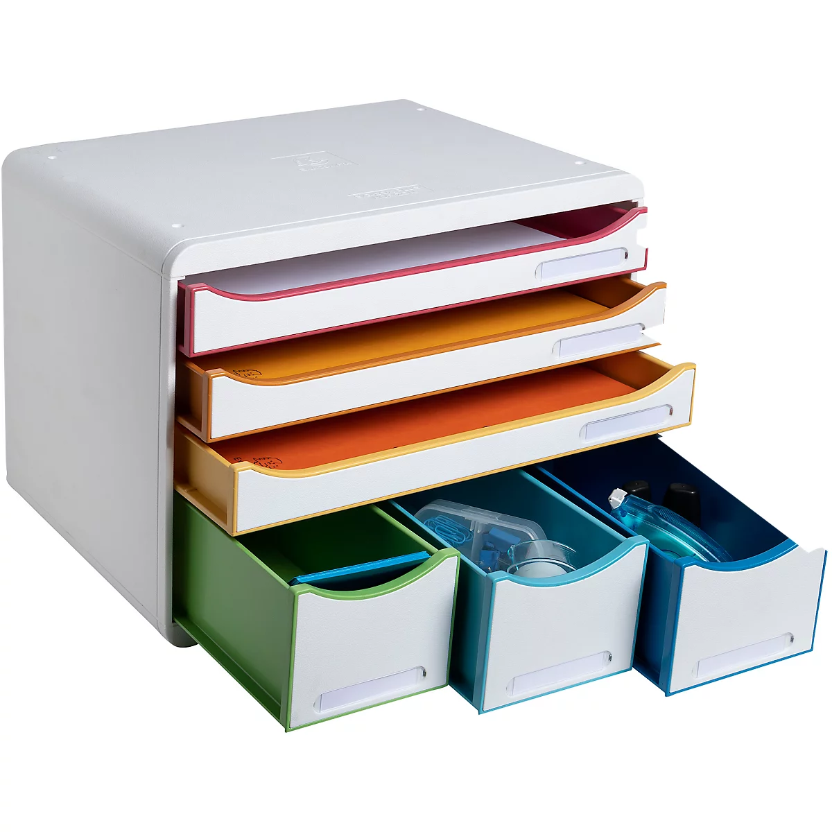 Organisateur de bureau avec quatre bacs à papier colorés et trois petits tiroirs pour fournitures de bureau.