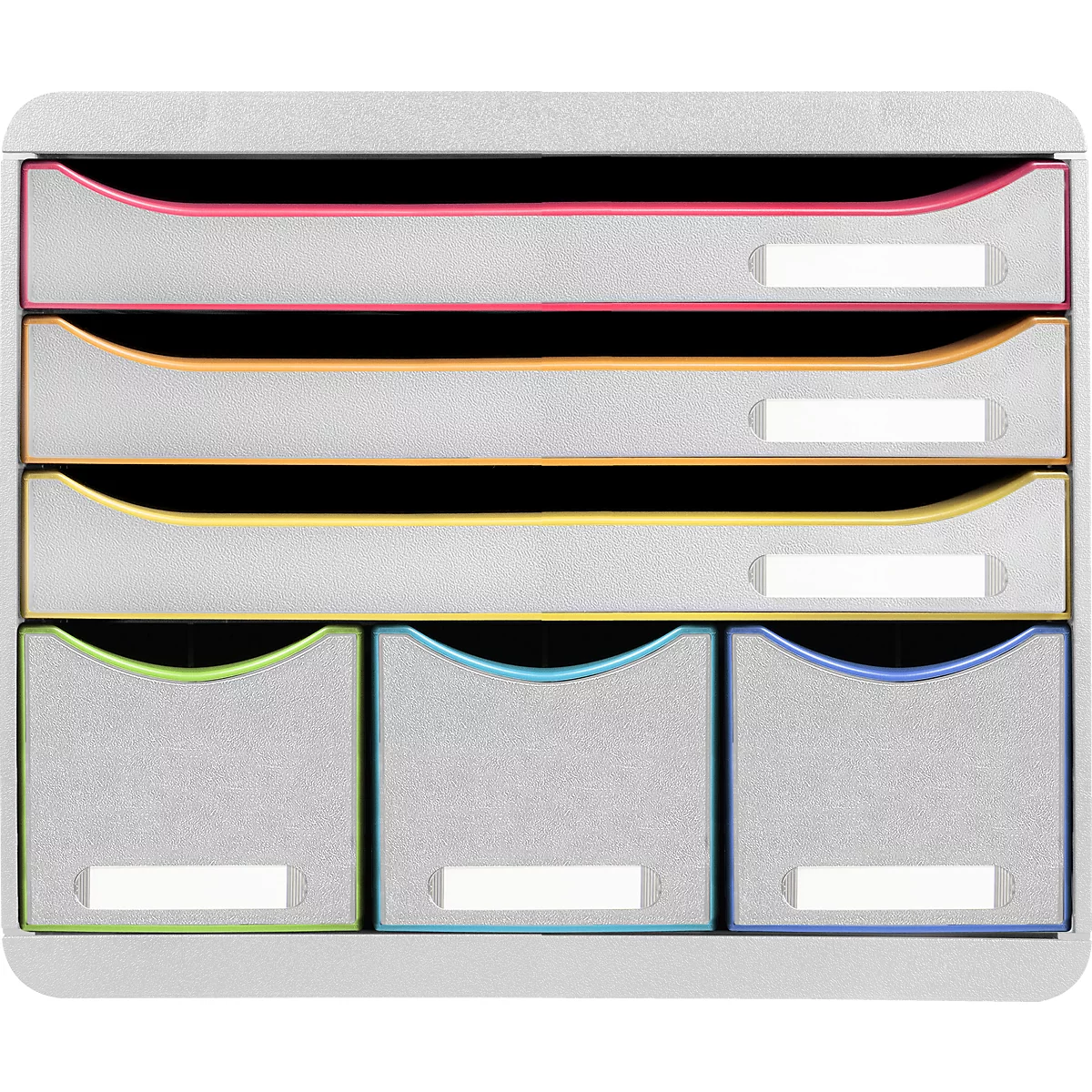 Organisateur gris avec tiroirs colorés. Rose, jaune, orange, vert et bleu. Étiquettes blanches, coins arrondis.