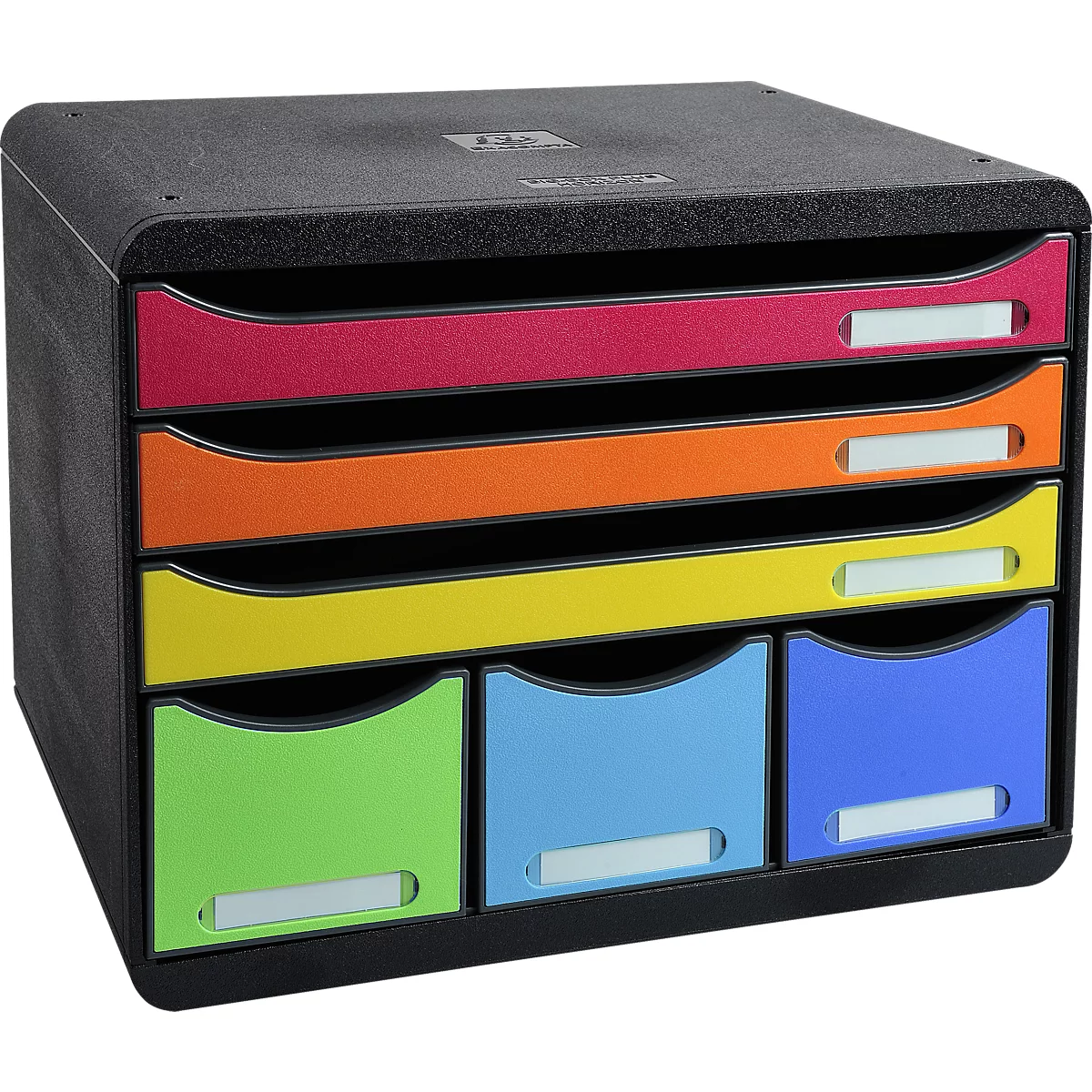 Organisateur de documents noir avec tiroirs colorés. Rouge en haut, orange, jaune et en bas vert, bleu, bleu. Champs d'étiquettes.