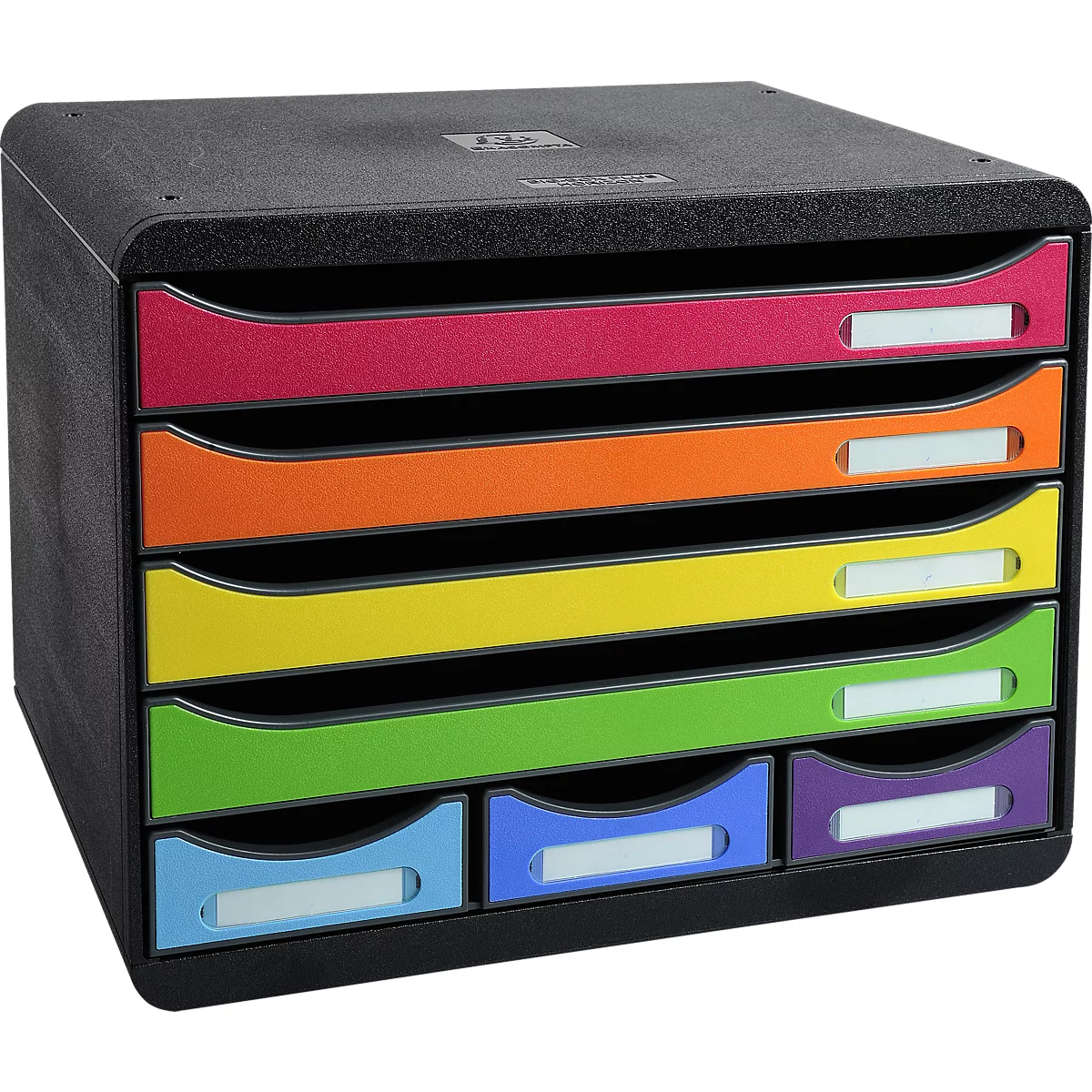 Organisateur de documents noir avec des tiroirs colorés : rouge, orange, jaune, vert, bleu et violet. Chaque tiroir a une étiquette blanche.