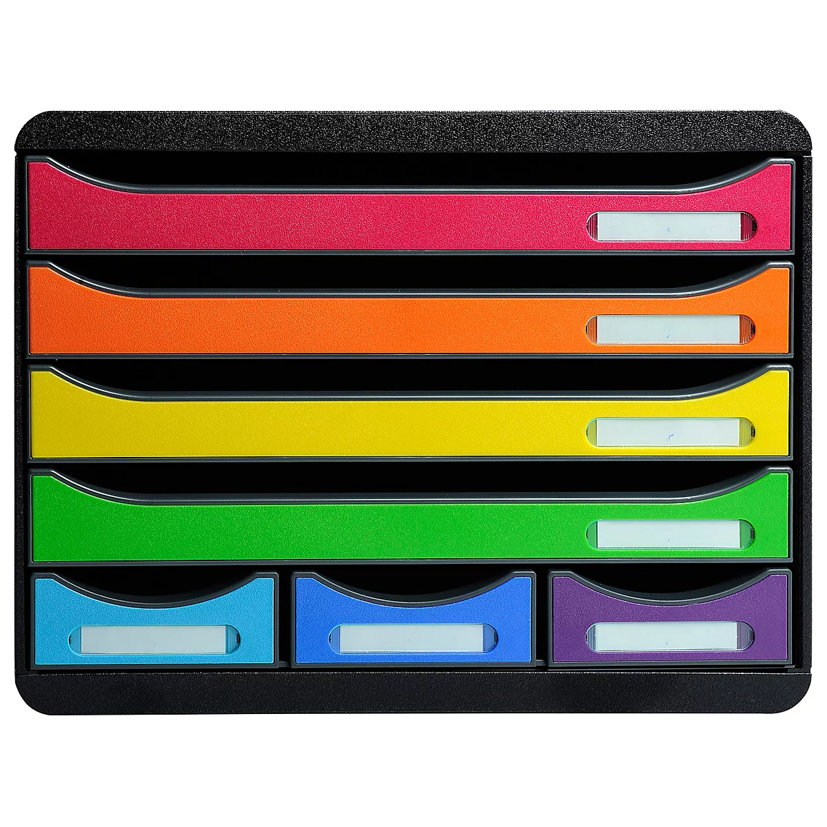 Un porte-documents multicolore avec six compartiments : rouge, orange, jaune, vert, bleu et violet. Chaque compartiment a une étiquette blanche.