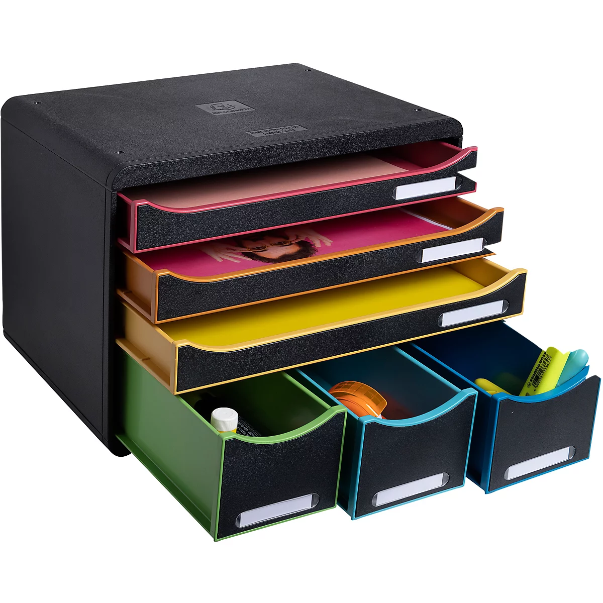 Organisateur de documents noir avec tiroirs colorés pour fournitures de bureau.