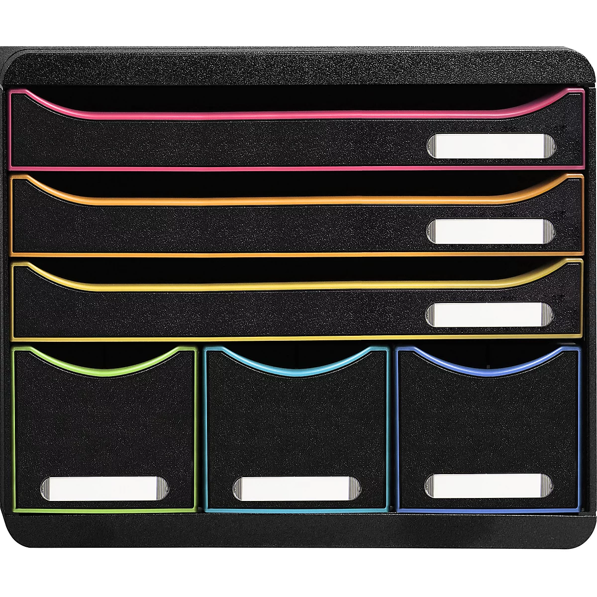 Organisateur de documents noir avec des tiroirs colorés. Rose en haut, puis orange, jaune, vert, bleu. Étiquettes blanches.