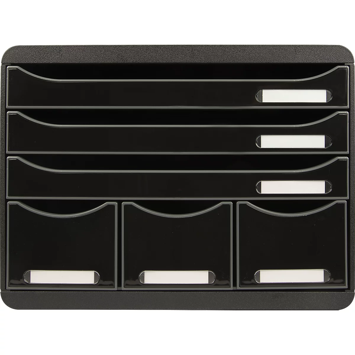 Organisateur de documents noir avec plusieurs compartiments et étiquettes nominatives.