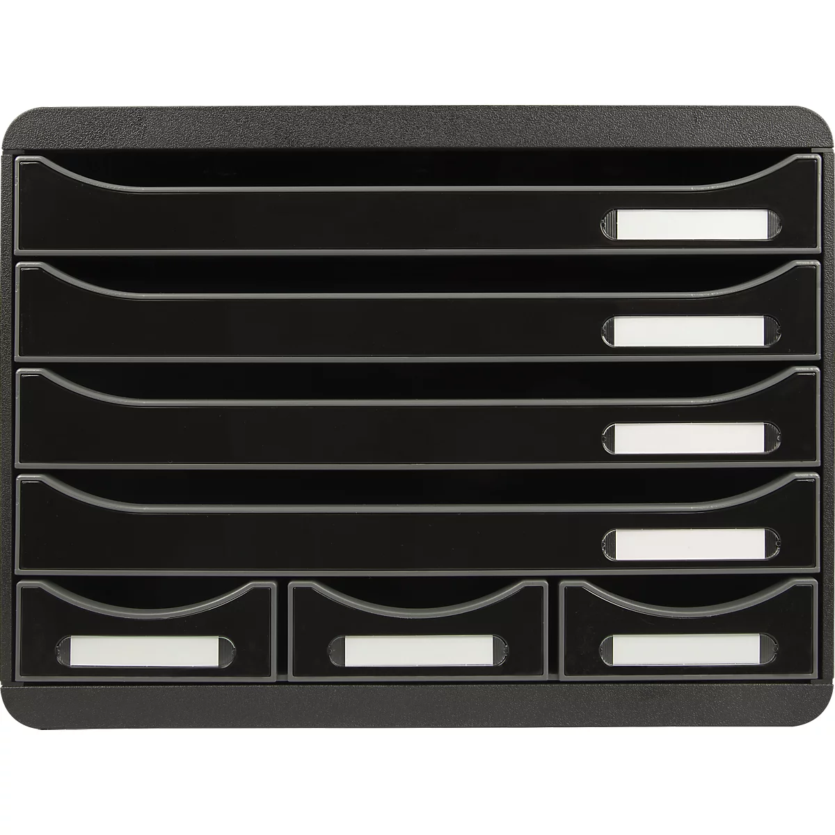 Organisateur de documents noir avec six compartiments et étiquettes nominatives.