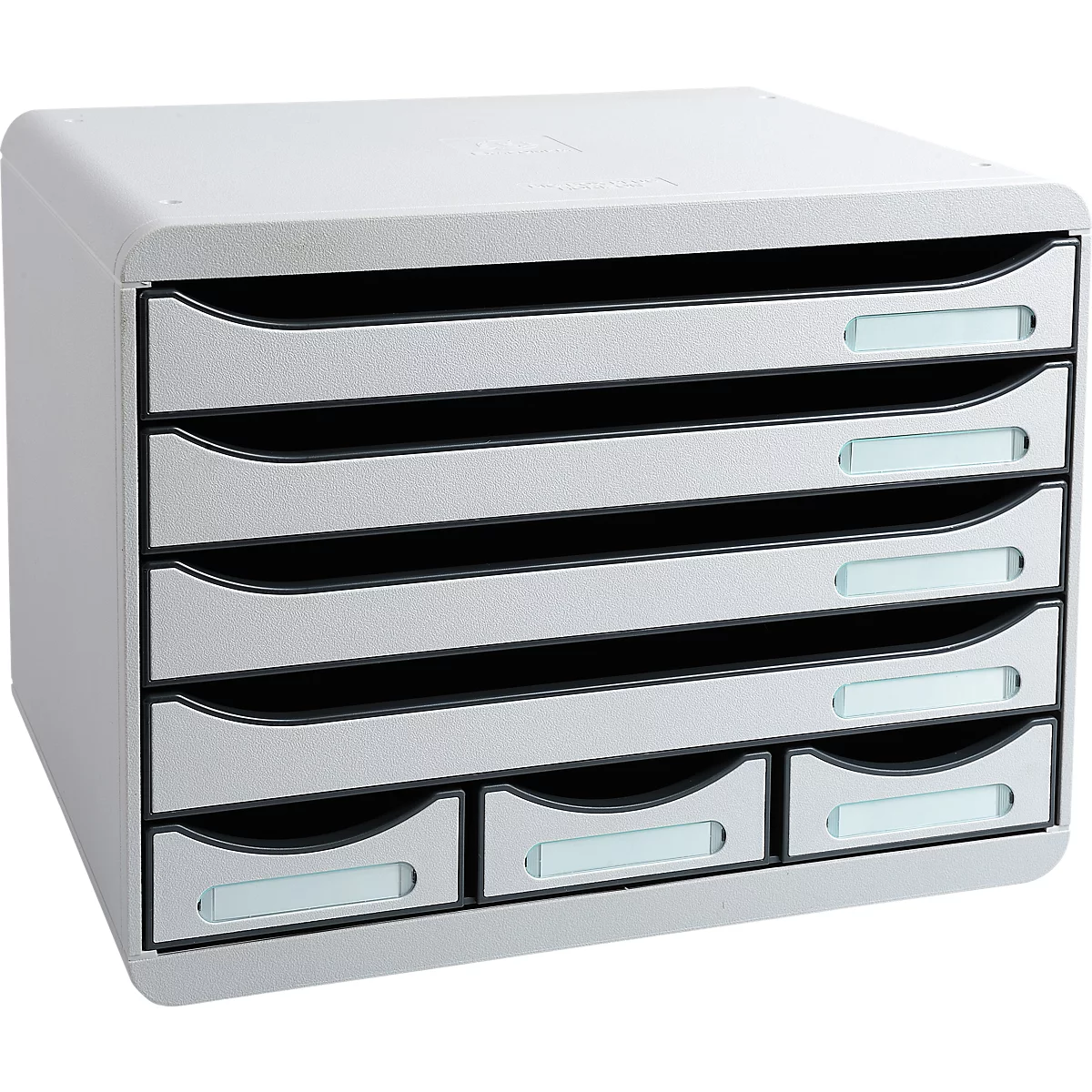 Organisateur de bureau gris avec tiroirs, champs d'étiquettes.