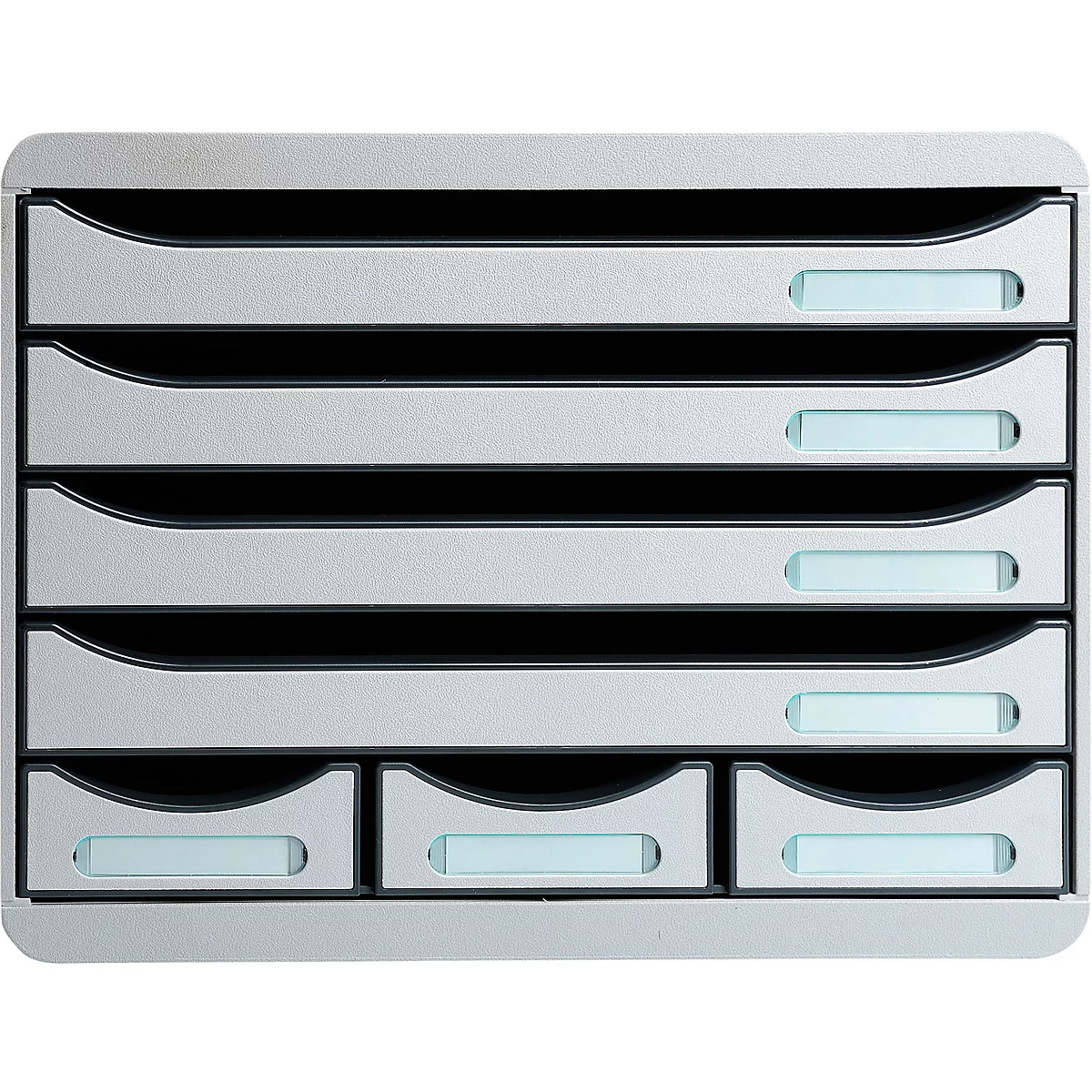 Organisateur de fichiers de bureau argenté avec sept compartiments. Six plateaux horizontaux en haut, trois compartiments plus petits en bas.