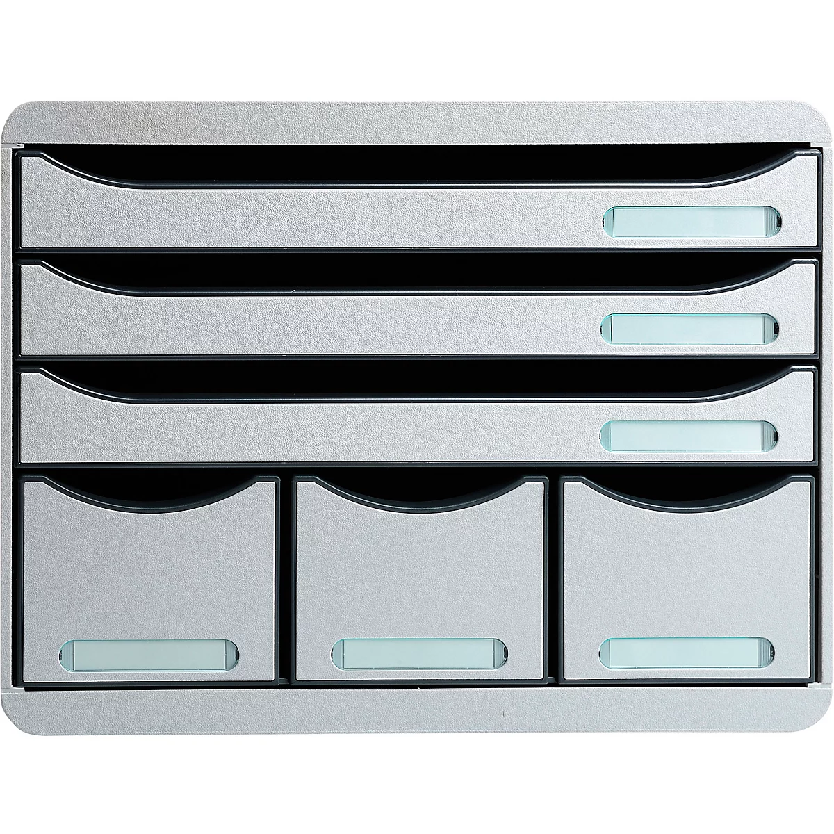 Grauer Wandbriefkasten mit mehreren Fächern und kleinen Schubladen.