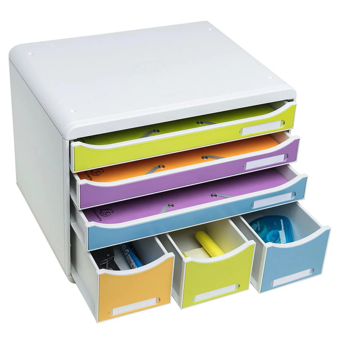 Mehrfarbiger Schubladenschrank mit teilweise geöffneten Schubladen, gefüllt mit Büromaterial.