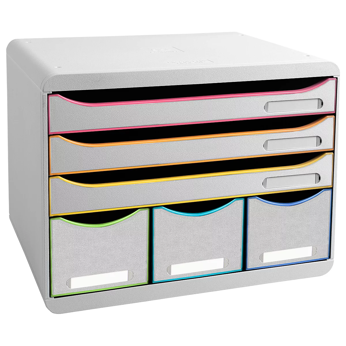 Grauer Aktenorganizer mit farbigen Schubladen. Pink, Orange, Gelb und Blau akzentuieren. Auf jeder Schublade befindet sich ein weißes Etikett.
