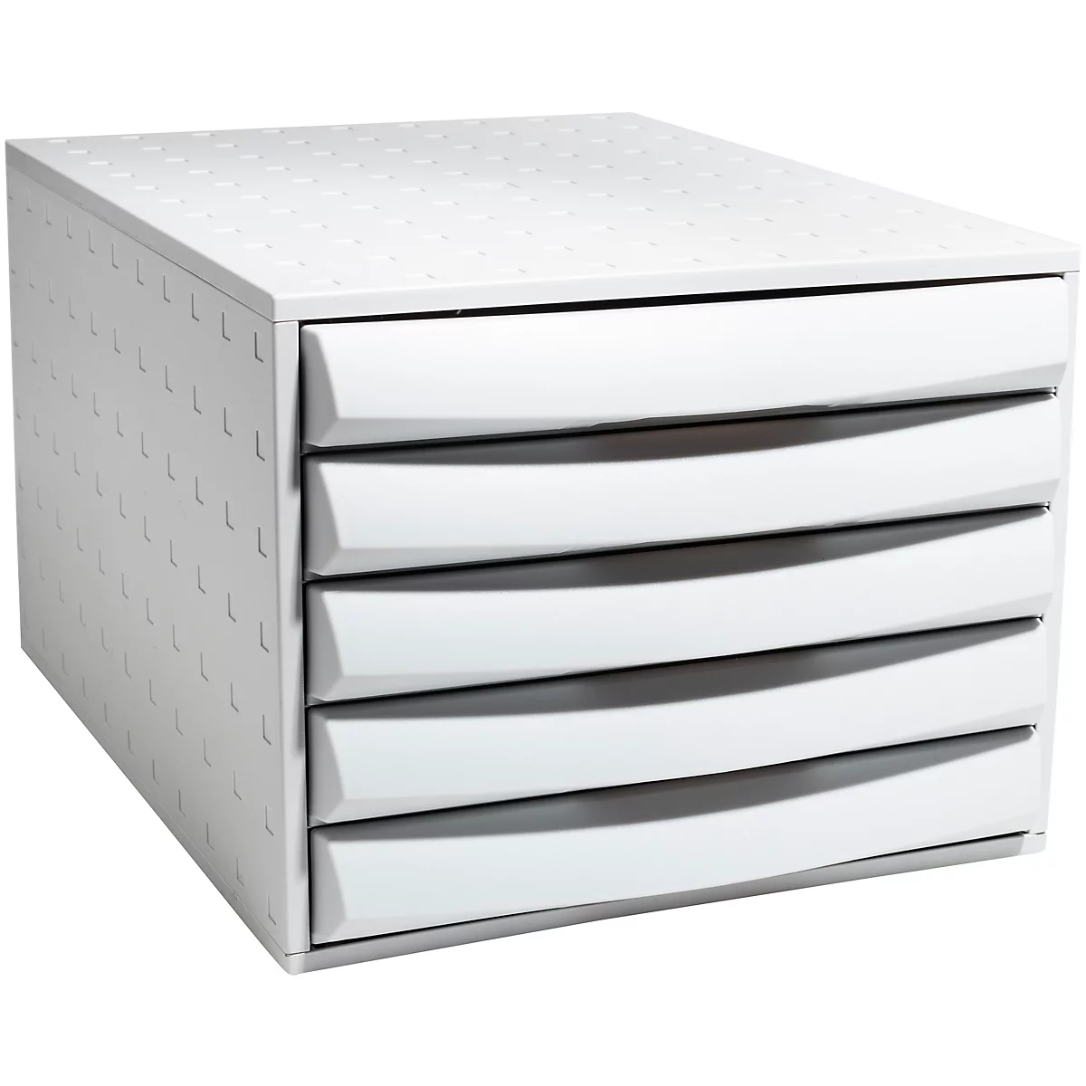 Commode blanche avec quatre tiroirs. Le boîtier et les tiroirs présentent un motif subtil.