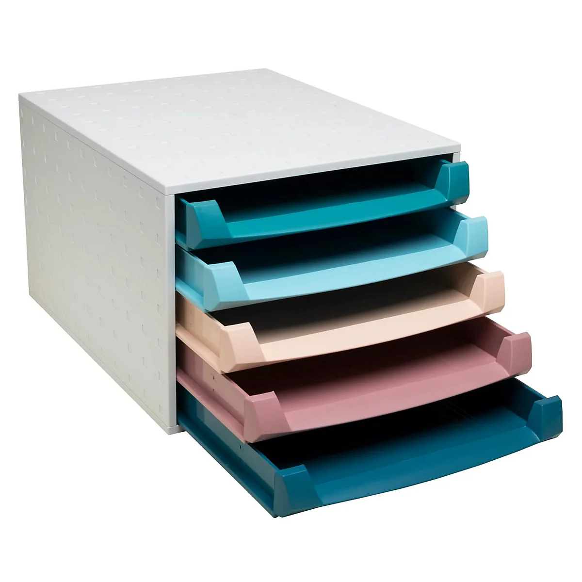 Bac à papier multicolore avec 5 tiroirs.