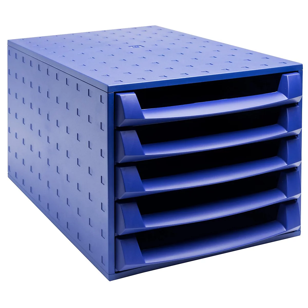 Bac à documents bleu empilable à cinq compartiments.