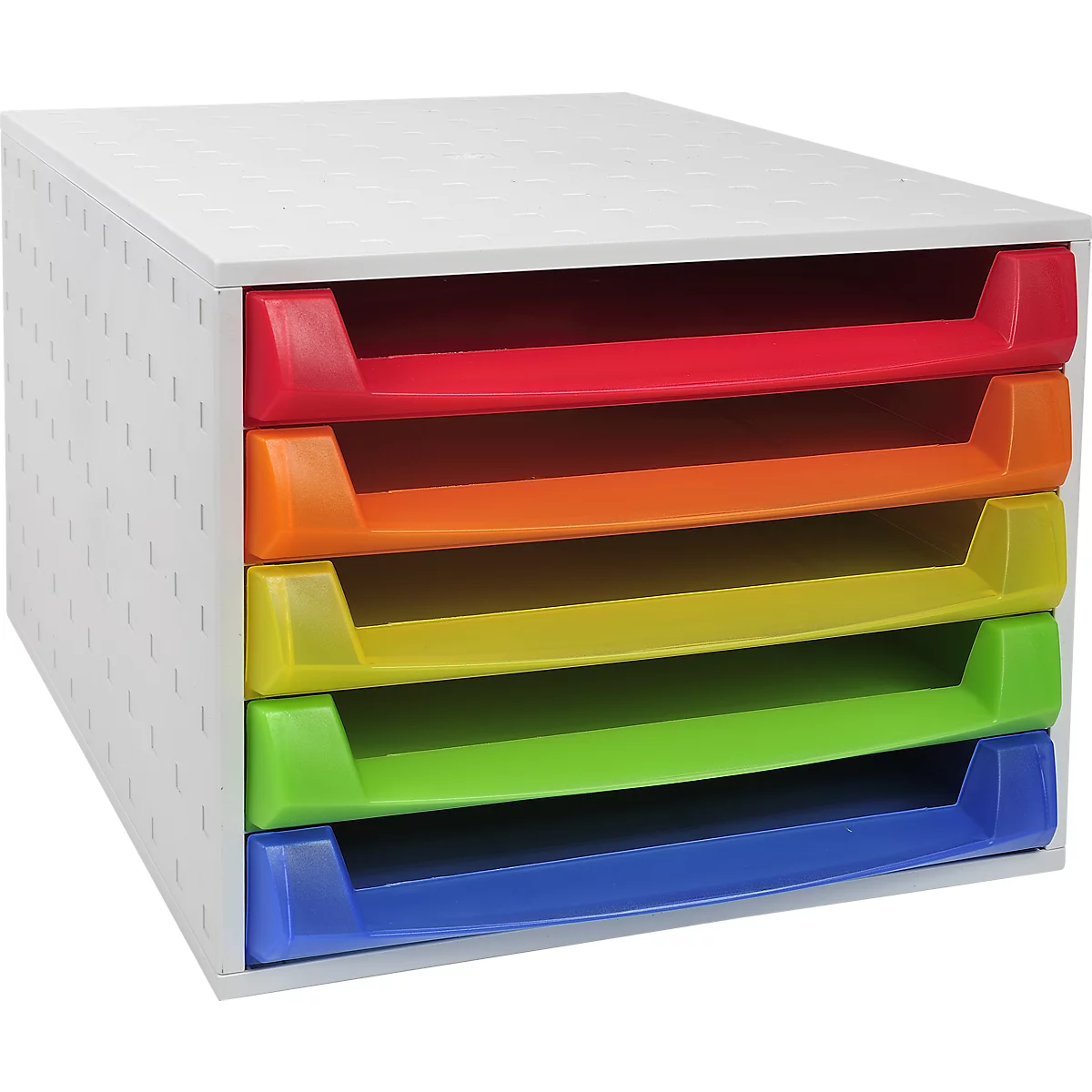 Organisateur de bureau avec cinq tiroirs colorés : rouge, orange, jaune, vert et bleu. L'extérieur est blanc avec de petits trous.