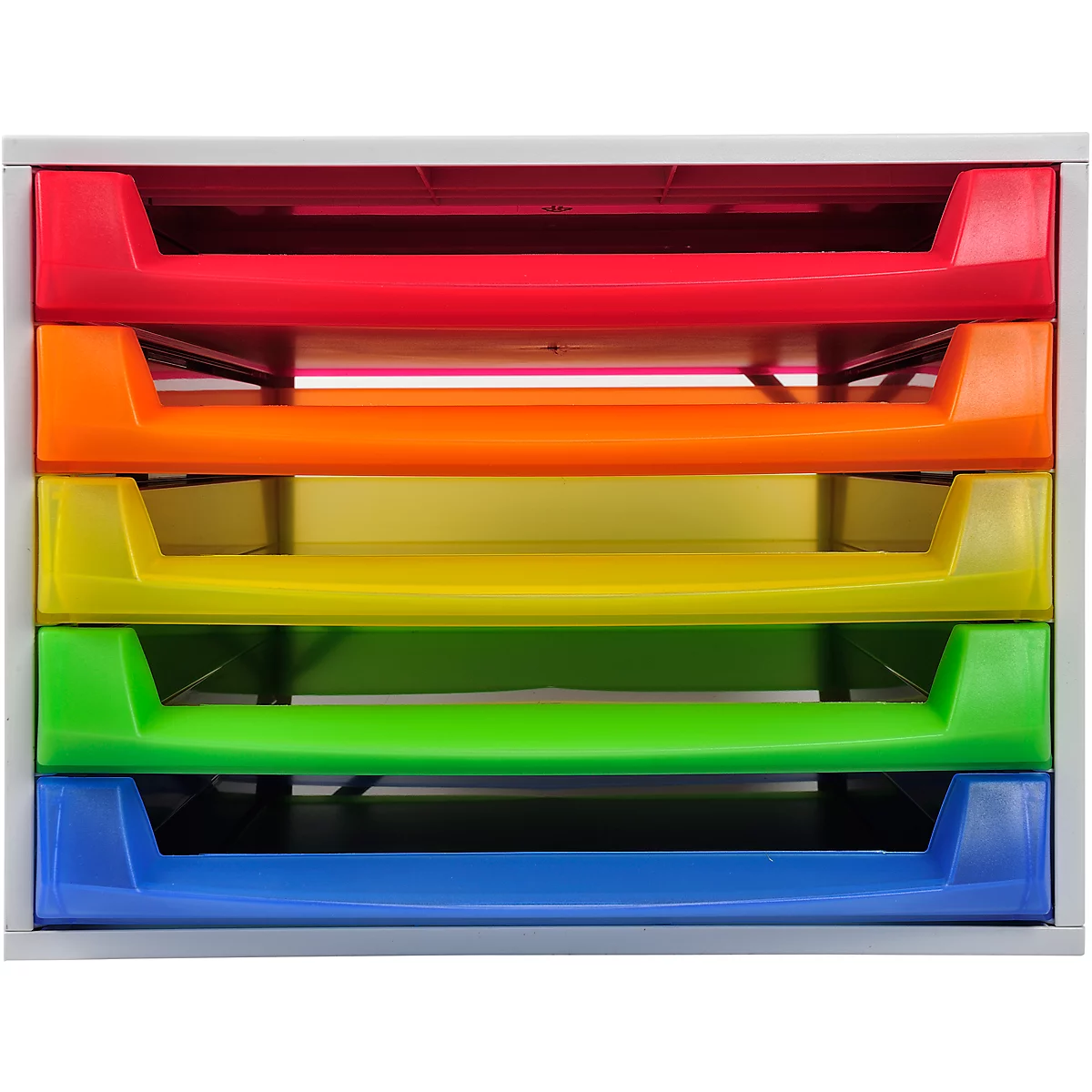 Plateau de classement multicolore avec tiroirs rouge, orange, jaune, vert et bleu.