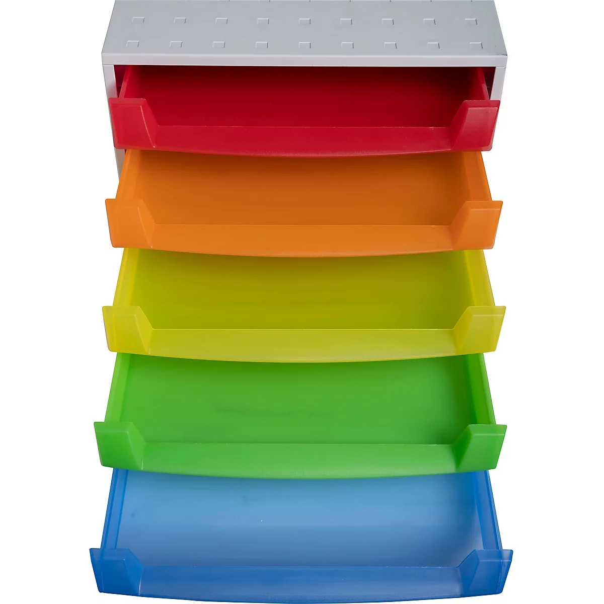 Multicolor ordertoren met vijf lades in rood, oranje, geel, groen en blauw, gefotografeerd van bovenaf.