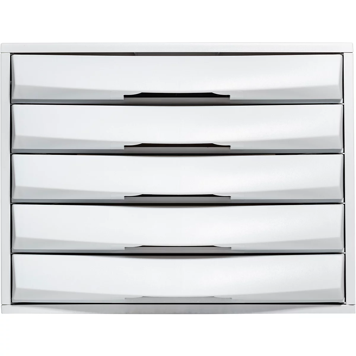 Weißer Schubladenschrank mit fünf Schubladen und dunklen Griffen.