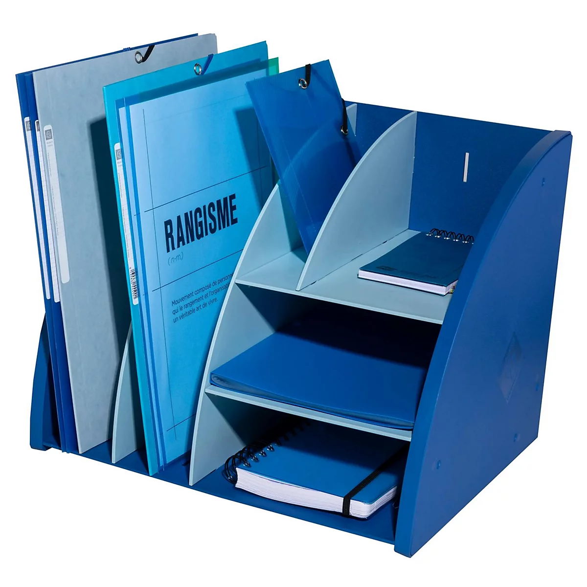 Organisateur de bureau bleu à compartiments multiples, avec dossiers, cahiers et le mot RANGISME.