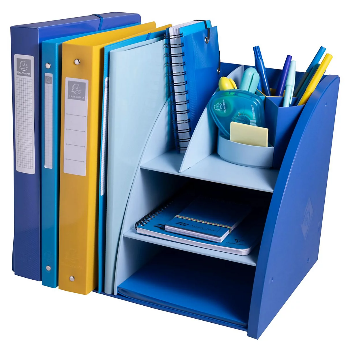 Organisateur de bureau bleu avec dossiers, cahiers et stylos.