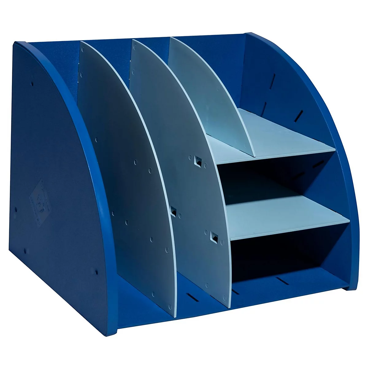 Organisateur de fichiers bleu et blanc en plusieurs sections, avec des compartiments pour documents et magazines.