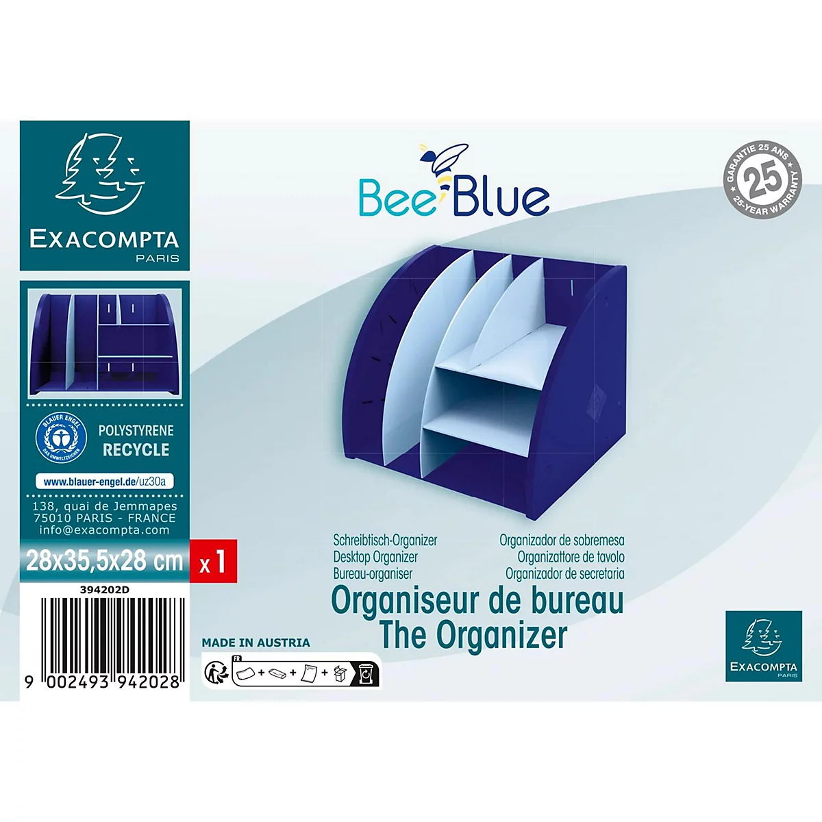 Organiseur de bureau bleu avec plusieurs compartiments. Inscription : "Organiseur de bureau".