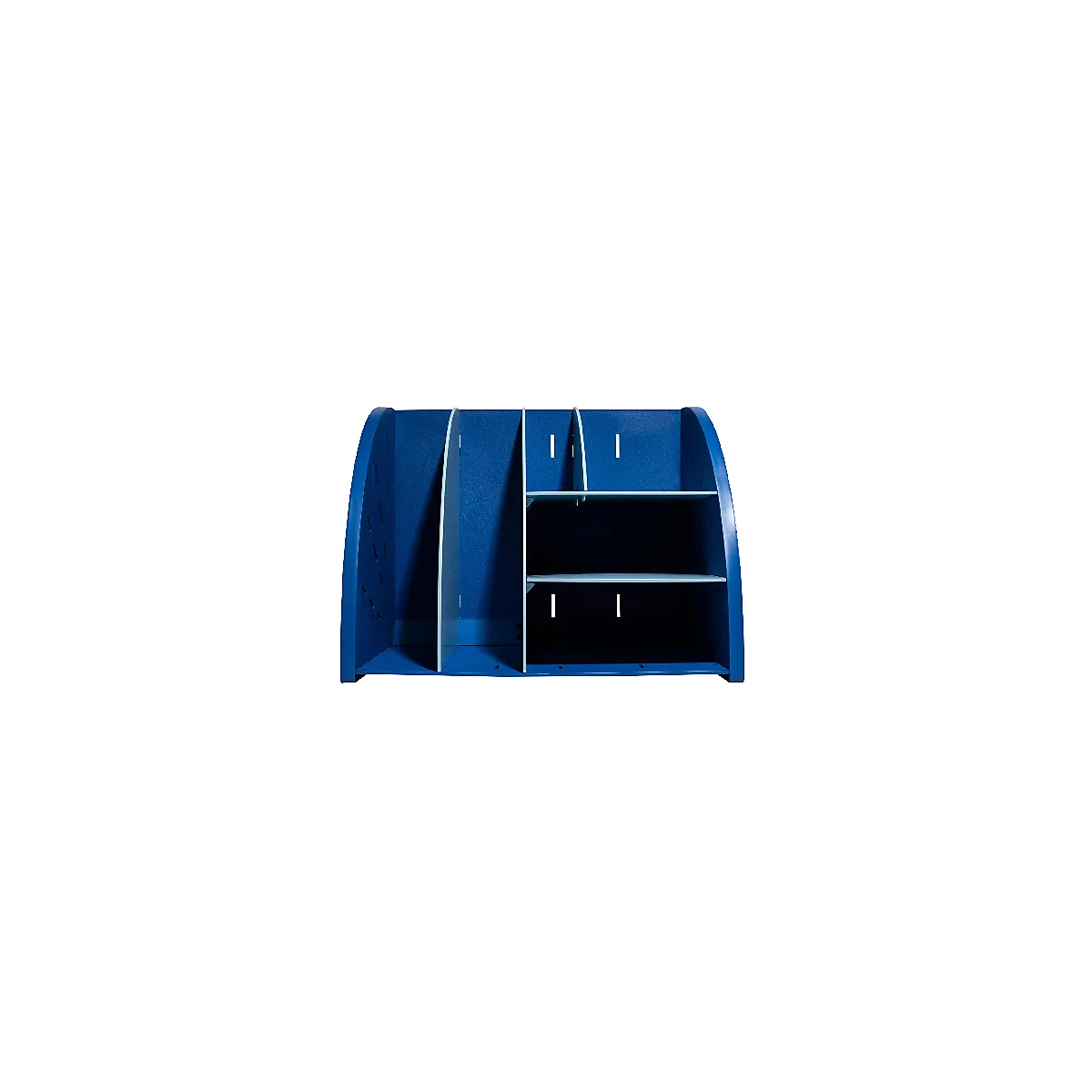 Organisateur de bureau bleu avec plusieurs compartiments et étagères, idéal pour ranger les fournitures de bureau.