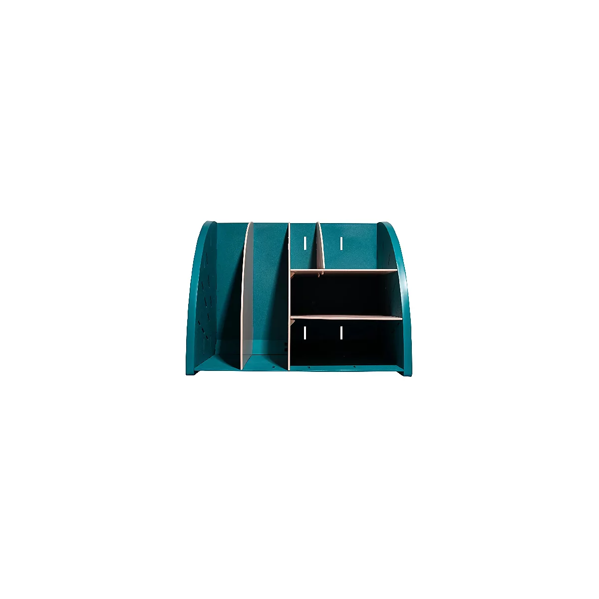 Organisateur de bureau turquoise avec compartiments et étagères, détails aspect bois.